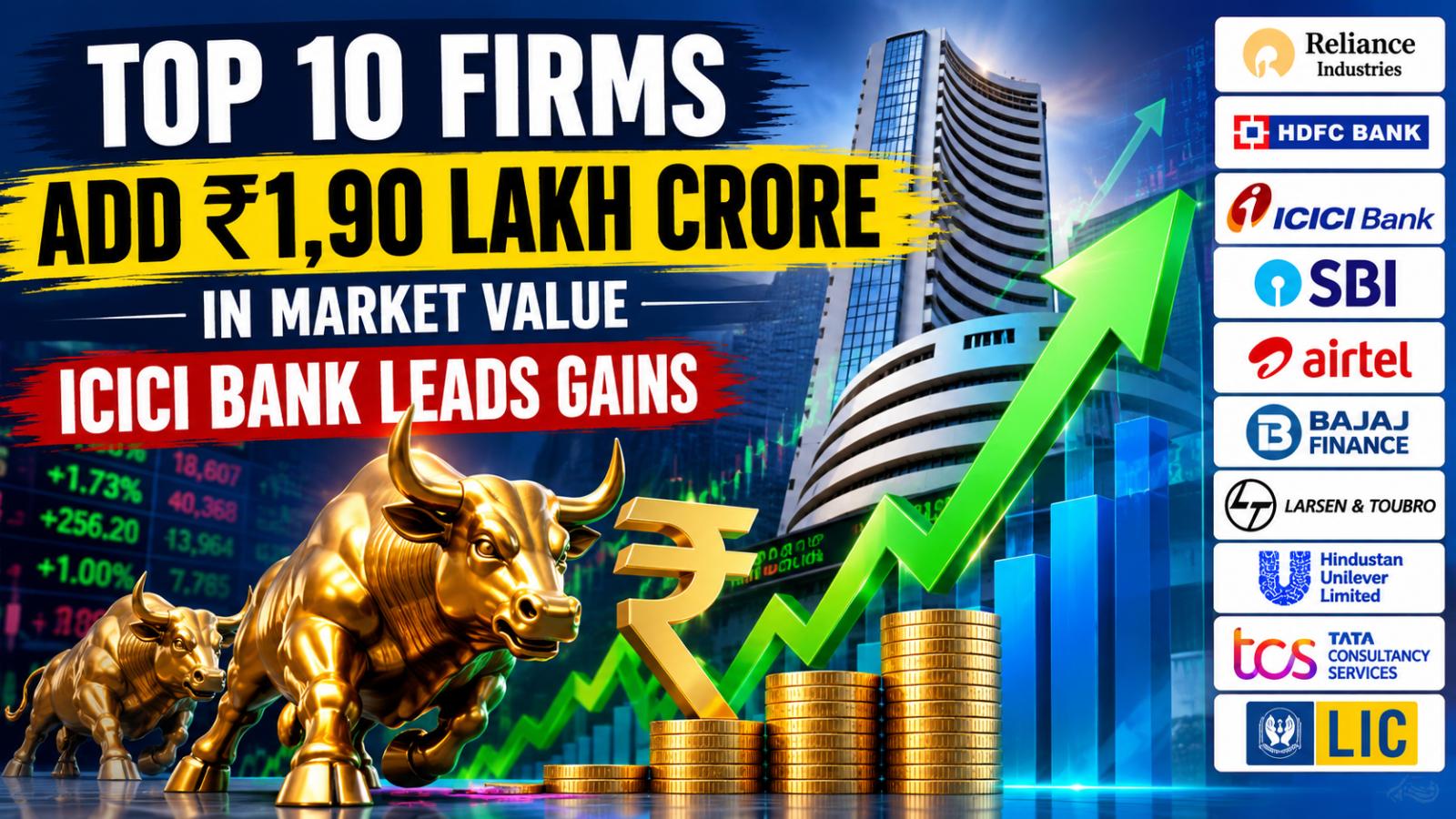 Top 10 Firms Add Rs 1.90 Lakh Crore In Mcap: ICICI Bank Leads Rally