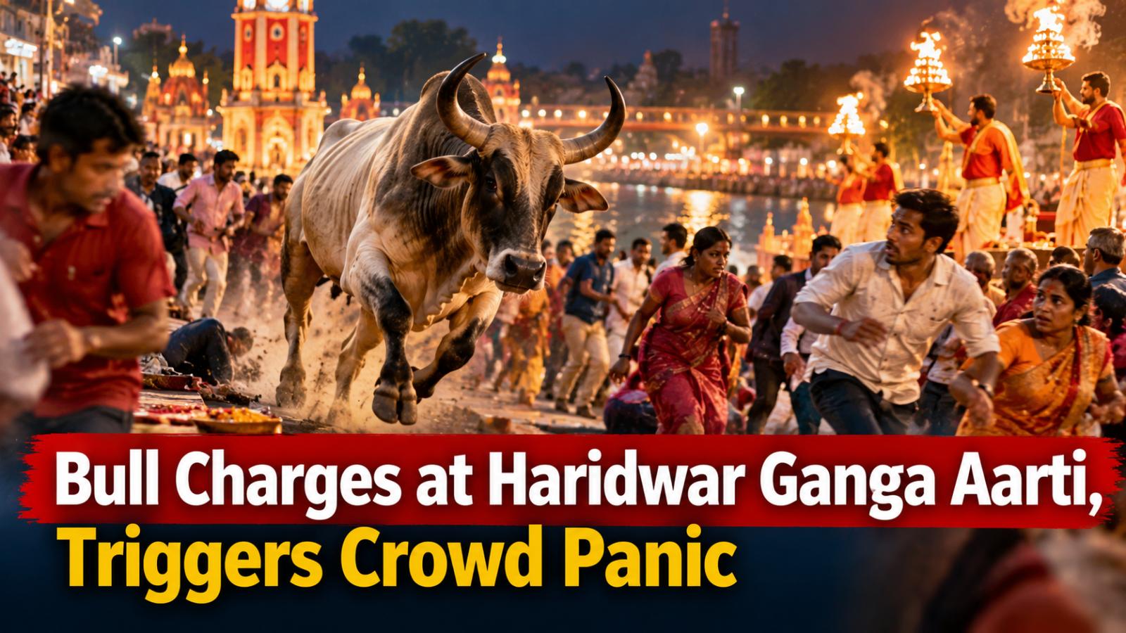 Bull charges at Haridwar Ganga Aarti, triggers crowd panic