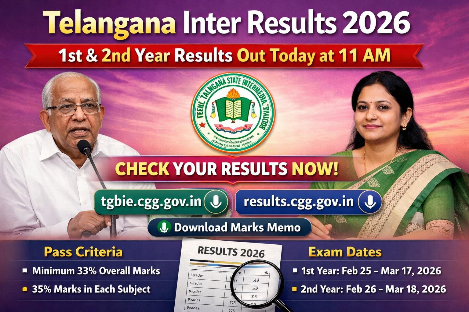 TSBIE Telangana Inter 1st and 2nd Year Results 2026 Released at 11 AM - Check Now