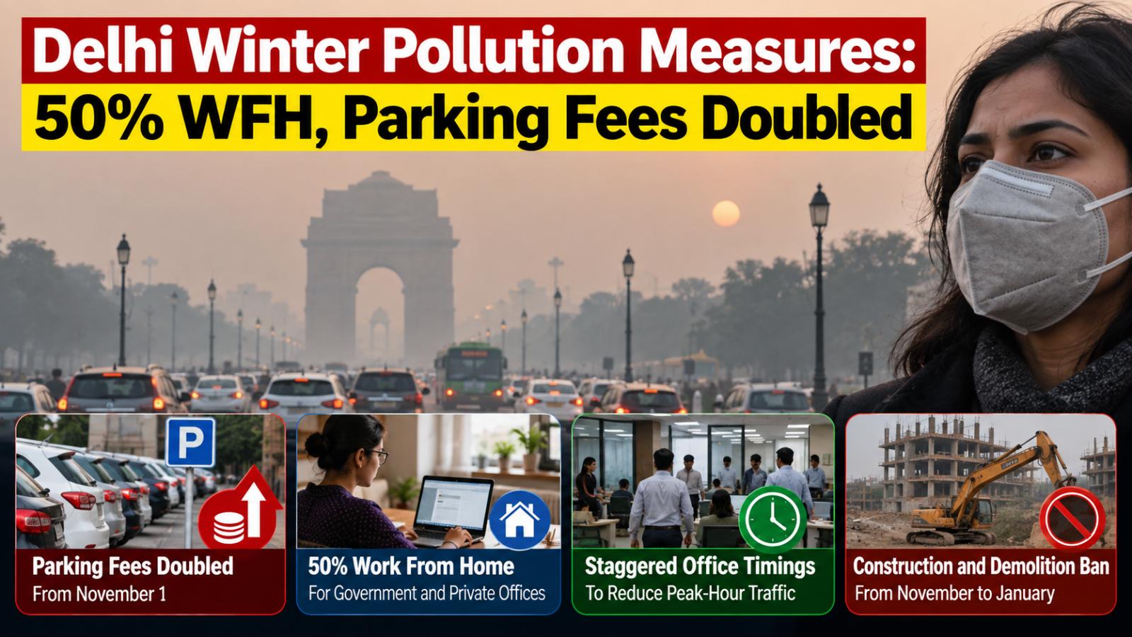 Delhi winter pollution measures: 50% WFH, parking fees doubled