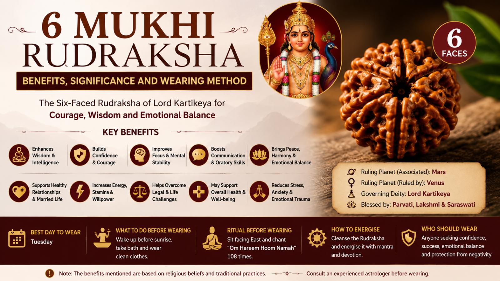 6 Mukhi Rudraksha Benefits, Powers and Wearing Method