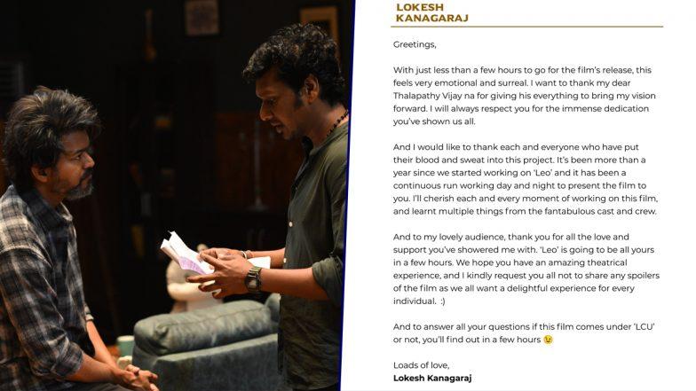 Hours before Leo’s release, Lokesh Kanagaraj shares a note