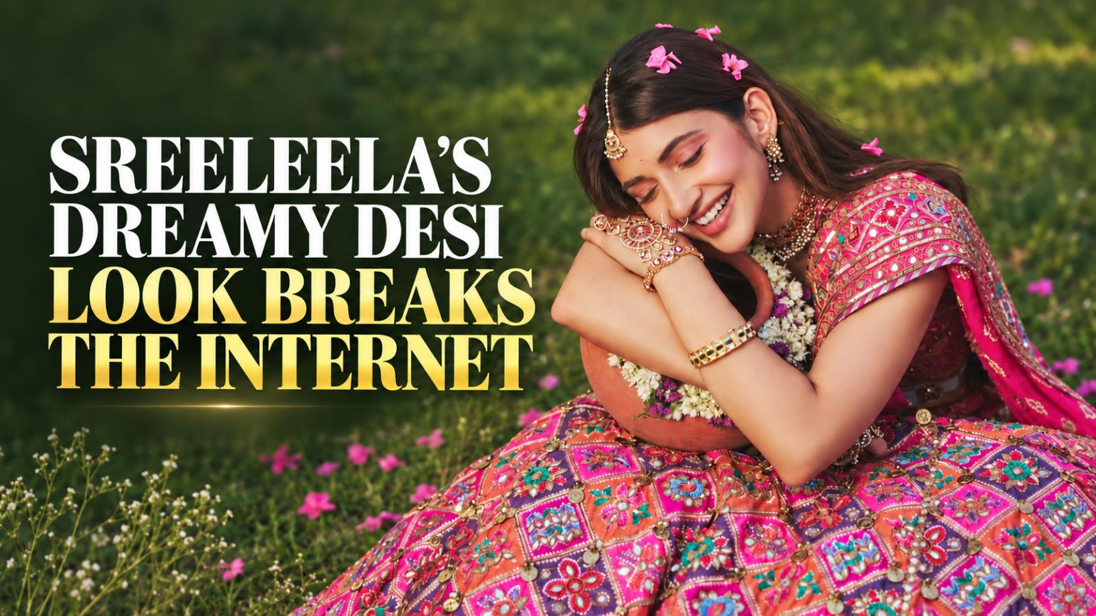 Sreeleela Stuns in Fuchsia Mirror-Work Lehenga Photoshoot