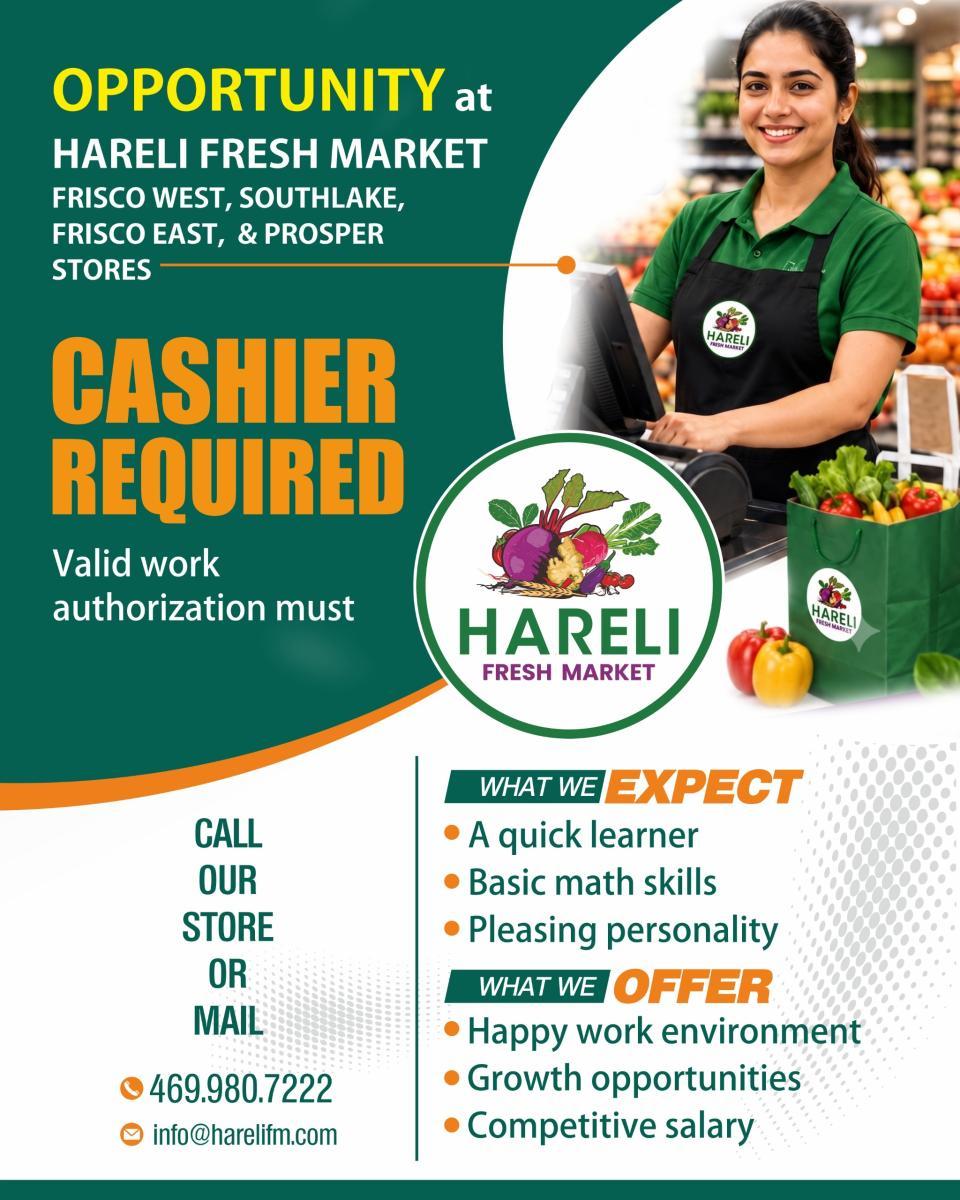 Hareli Fresh Market Cashier Jobs in Frisco, Southlake & Prosper