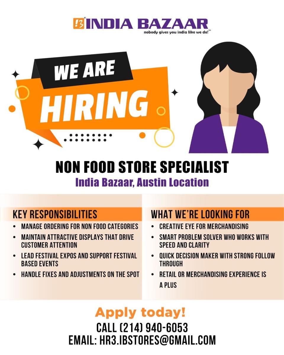 India Bazaar Hiring Non-Food Store Specialist in Austin – Apply Now