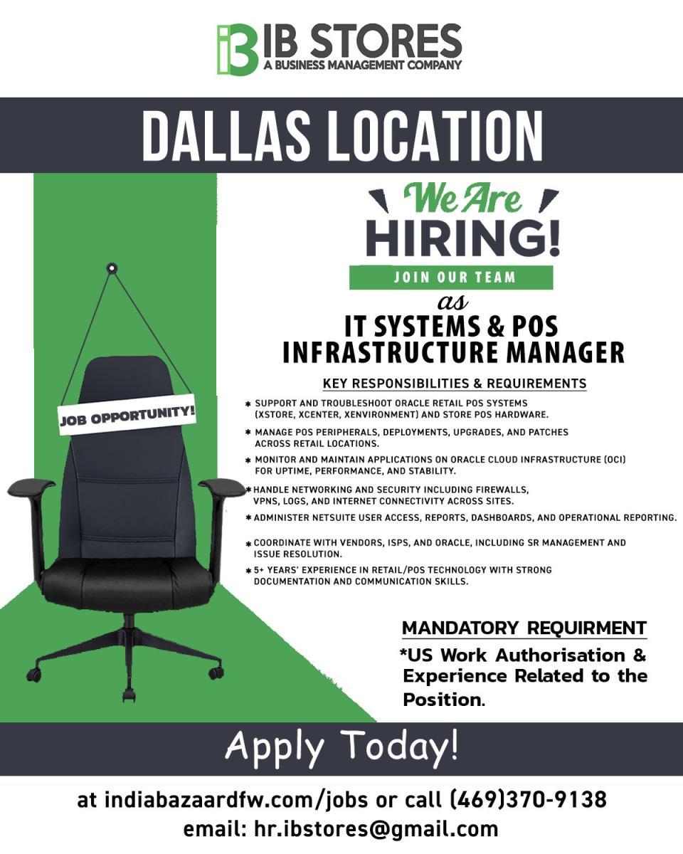 IB Stores – Hiring IT Systems & POS Infrastructure Manager (Dallas Location)