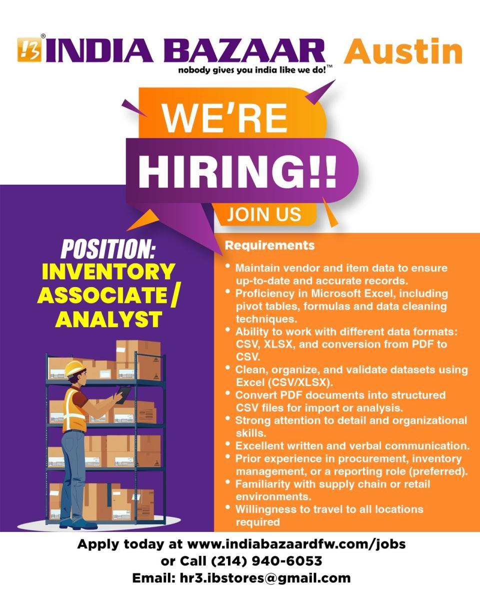 India Bazaar Hiring Inventory Associate/Analyst in Austin – Apply Now
