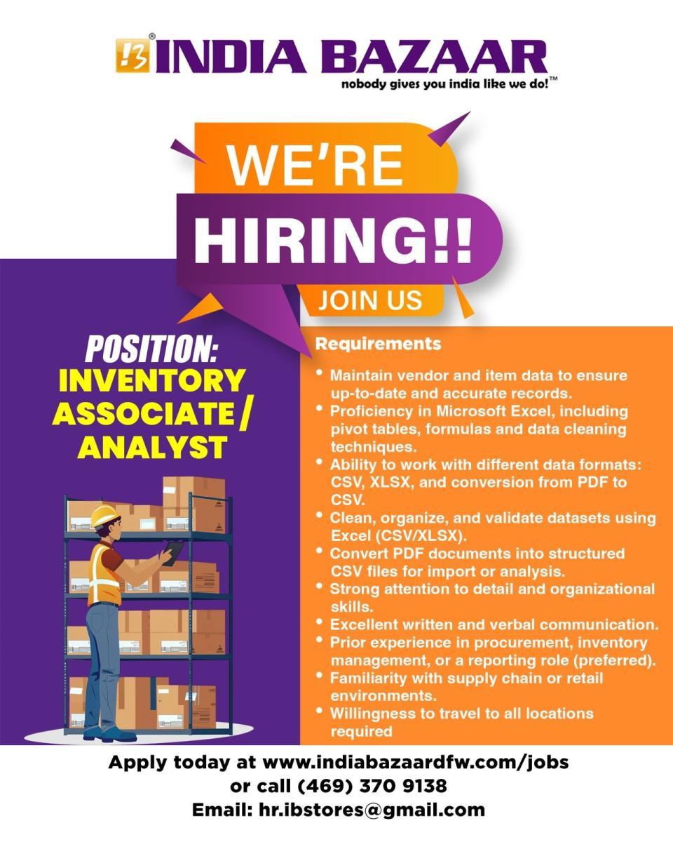 India Bazaar is Hiring – Non Food Department Specialist (DFW)