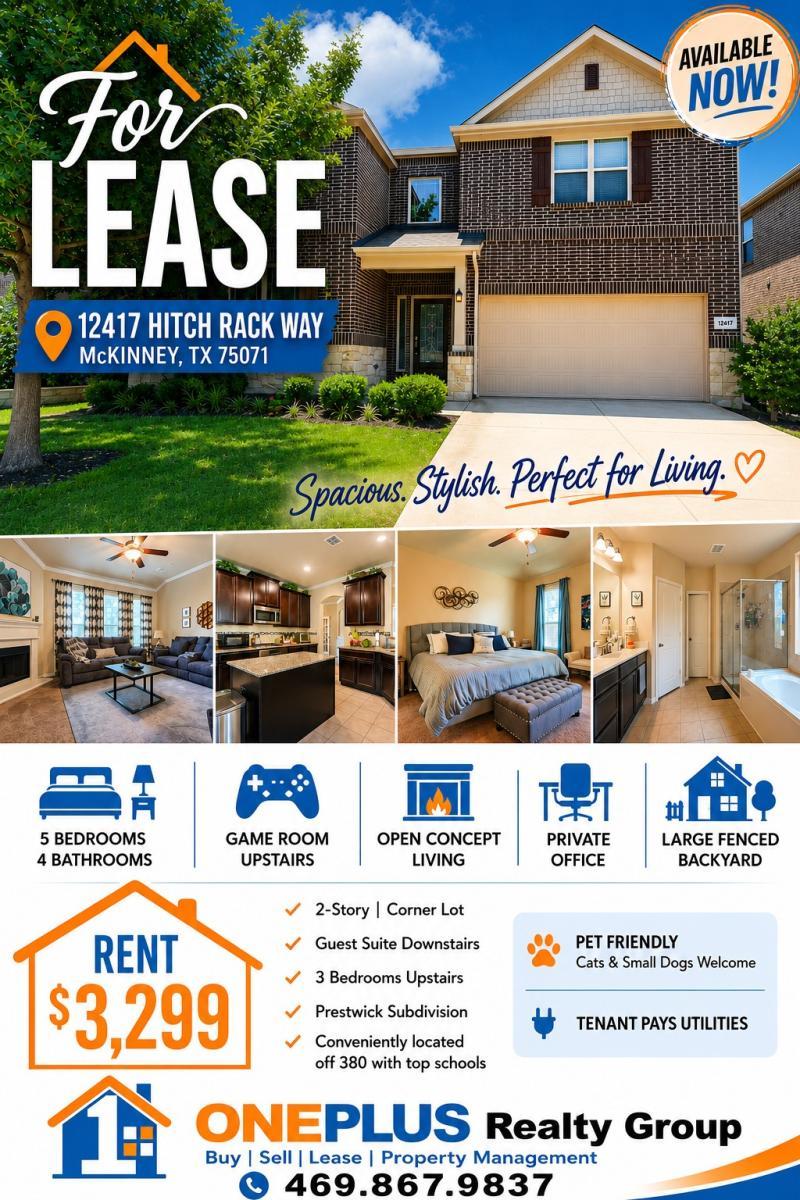 ONEPLUS Realty Group: Spacious 5-Bedroom Home for Lease in McKinney
