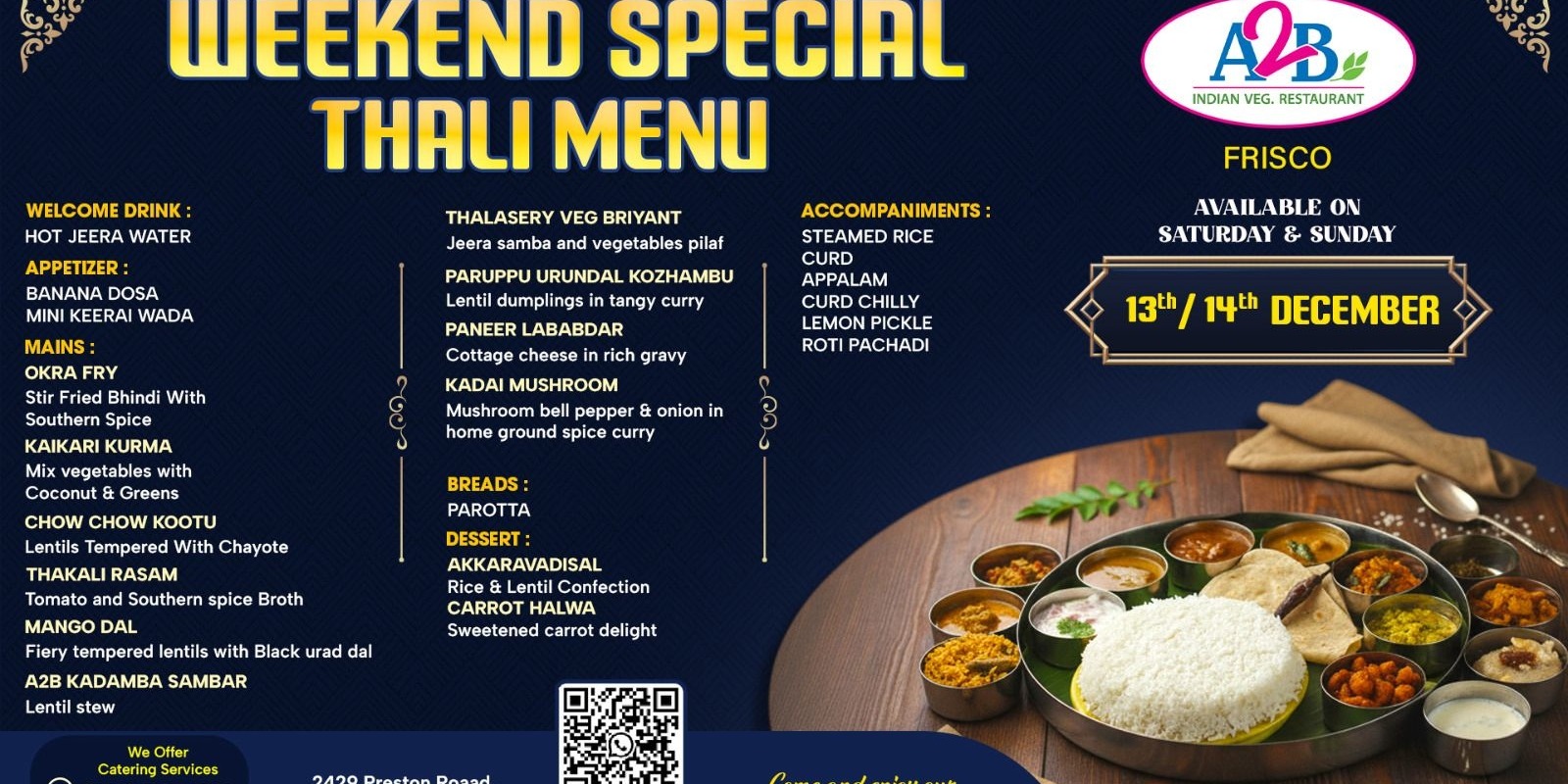 A2B Indian Veg Restaurant Authentic Weekend Special Thali Dining in Frisco