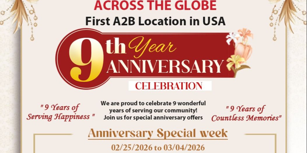 A2B Indian Veg Restaurant – 9th Year Anniversary Special Week Offers in Frisco