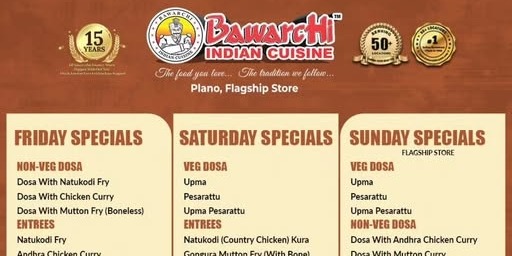 Bawarchi Indian Cuisine Plano Flagship Store Friday Saturday Sunday Specials Biryani Dosa Deals Plano TX