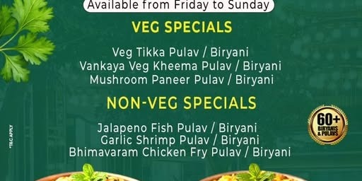 Bawarchi Indian Cuisine Weekend Specials – Veg & Non-Veg Pulav and Biryani Festival