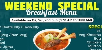 Bawarchi Indian Cuisine Weekend Special Breakfast Menu – Friday to Sunday