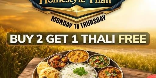 Bawarchi Indian Cuisine Unlimited Homestyle Thali Offer in Plano  – Buy 2 Get 1 Free (Mon–Thu)