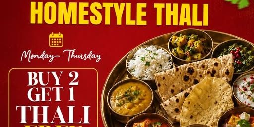 Bawarchi Indian Cuisine Plano Unlimited Homestyle Thali Buy 2 Get 1 Free Deal (Mon–Thu)