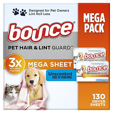 130-Count Bounce Pet Hair & Lint Guard Mega Dryer Sheets (Unscented) - Perfect for Pet Owners