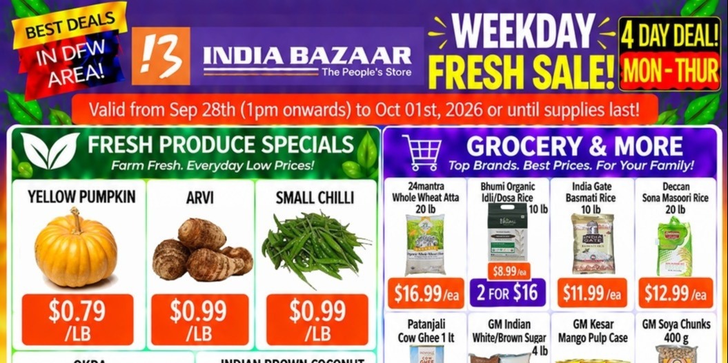 India Bazaar Weekday Fresh Sale in DFW: September 28–October 1