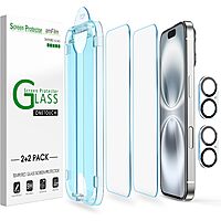 2-Pk amFilm OneTouch iPhone 16/15/14/13/12/11 / Pixel 9 Tempered Glass Screen Protectors