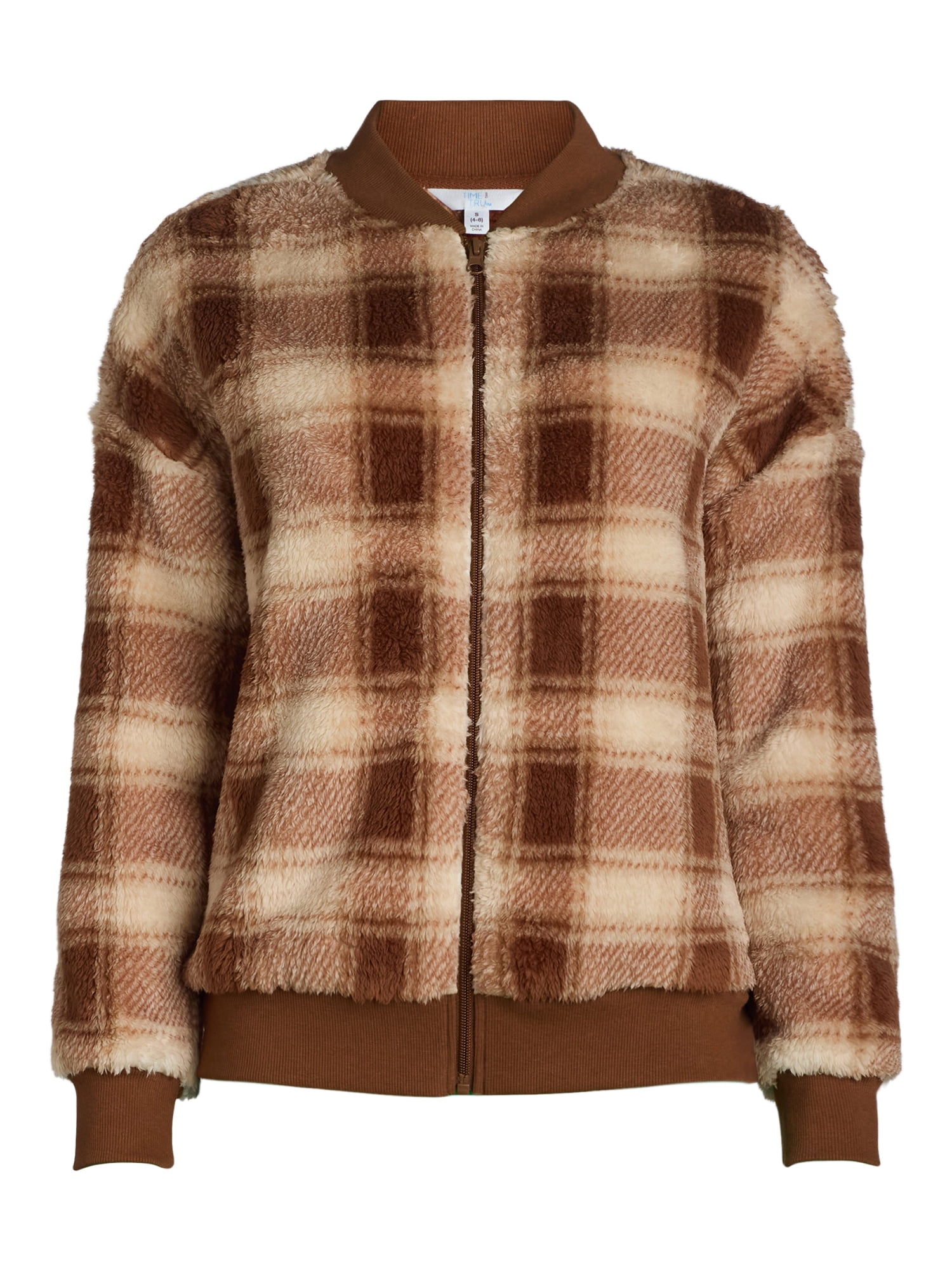 Time and Tru Women's Fleece Bomber Jacket, Midweight, Sizes XS to L (Ermine/Soft Focus Plaid) $5.02 + Free S&H w/ Walmart+ or on $35+