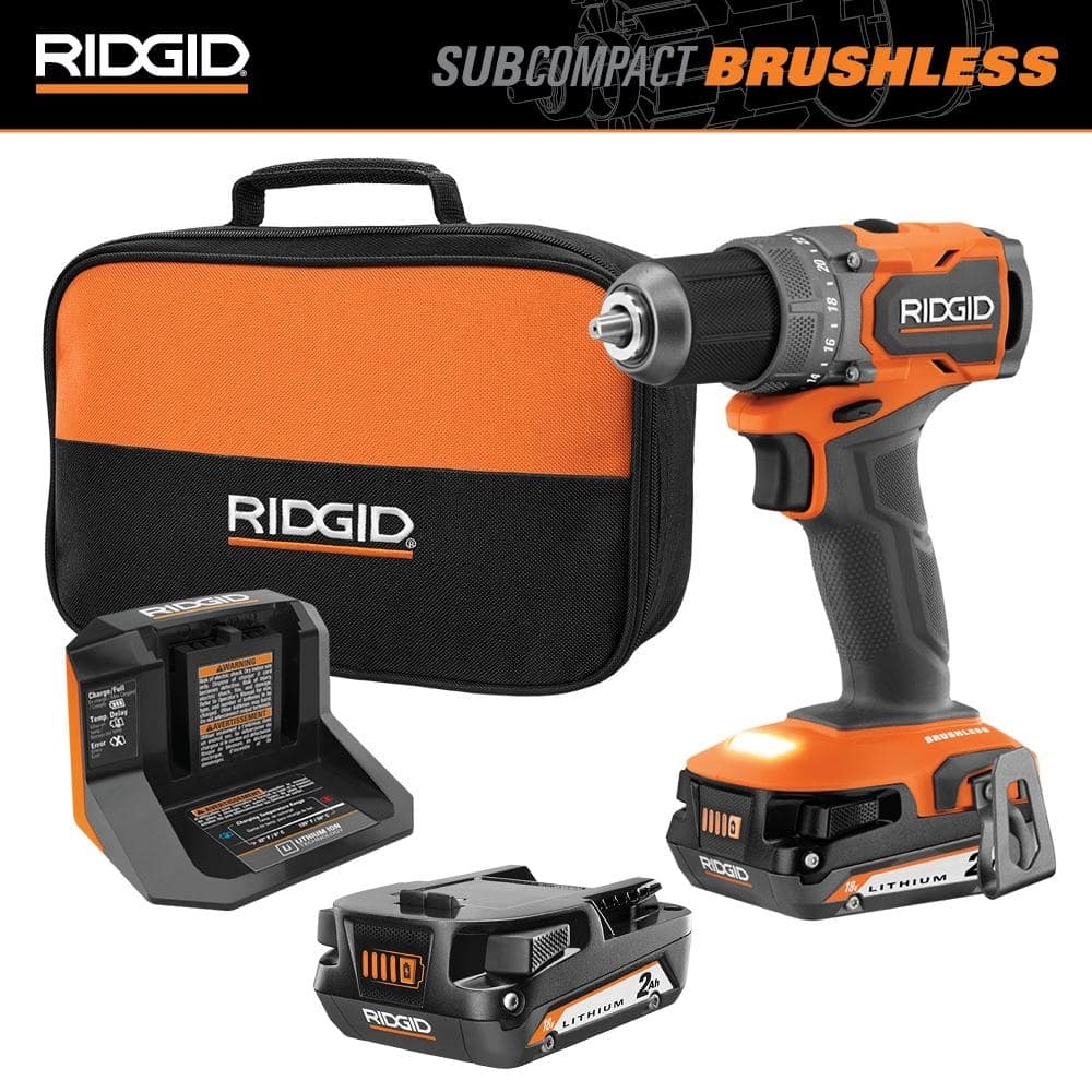 RIDGID 18V SubCompact Brushless Cordless 1/2 in. Drill/Driver Kit with (2) 2.0 Ah Batteries, Charger, and Tool Bag R87012K - $89.99