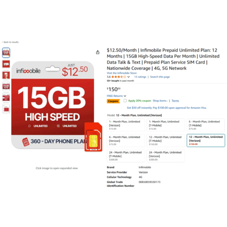 Infimobile Prepaid Unlimited Plan – 12 Months, 15GB High-Speed Data, $10/Month, $120 Total