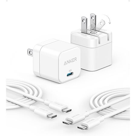 Anker 2-Pack 20W USB-C Foldable Wall Chargers + 2-Pack 6' USB-C Cables (White) – Fast Charging Solution
