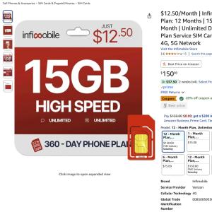 $12.50/Month | Infimobile Prepaid Unlimited Plan: 12 Months | 15GB High-Speed Data Per Month | Unlimited Data Talk & Text | Prepaid Plan Service SIM Card | Nationwide Coverage $120