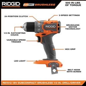 RIDGID 18V SubCompact Brushless Cordless 1/2 in. Drill/Driver Kit with (2) 2.0 Ah Batteries, Charger, and Tool Bag R87012K - $89.99