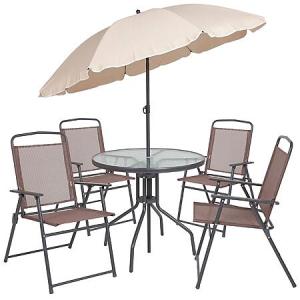 6-Pc EMMA + OLIVER Brown Patio Garden Set with Umbrella and Folding Chairs