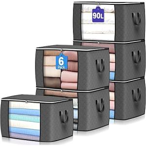 6-Pack Budding Joy 90L Large Foldable Storage Bags/Bin Containers (Gray)