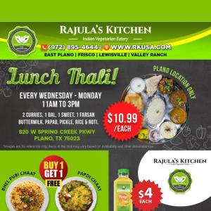 Lunch Thali & Special Offers at Rajula’s Kitchen | Plano Location, April 2025