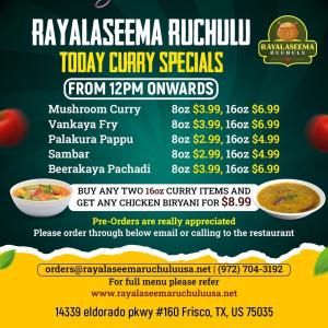 Authentic South Indian Special Curries at Rayalaseema Ruchulu in Frisco