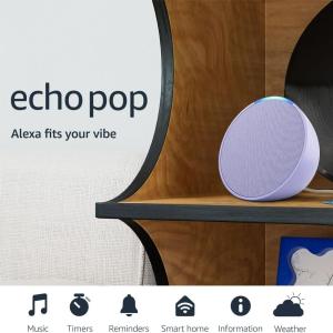 Amazon Echo Pop (newest model), Full sound compact smart speaker with Alexa, Lavender Bloom - $18.00