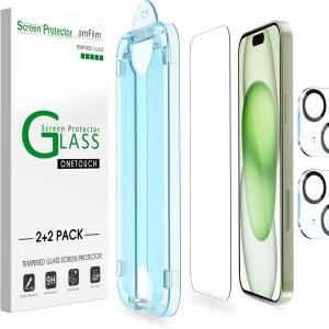 2-Pk amFilm OneTouch iPhone 16/15/14/13/12/11 / Pixel 9 Tempered Glass Screen Protectors