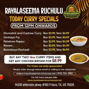 Today’s Curry Specials at Rayalaseema Ruchulu – Starting at Just $2.99!