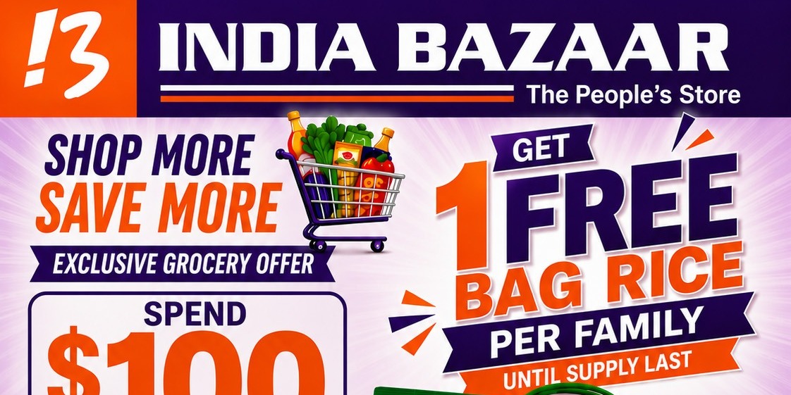 India Bazaar Dallas Free Rice Offer on $100 Grocery Purchase