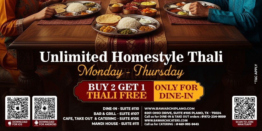 Bawarchi Plano – Unlimited Homestyle Thali Offer | Buy 2 Get 1 Free Dine-In Deal