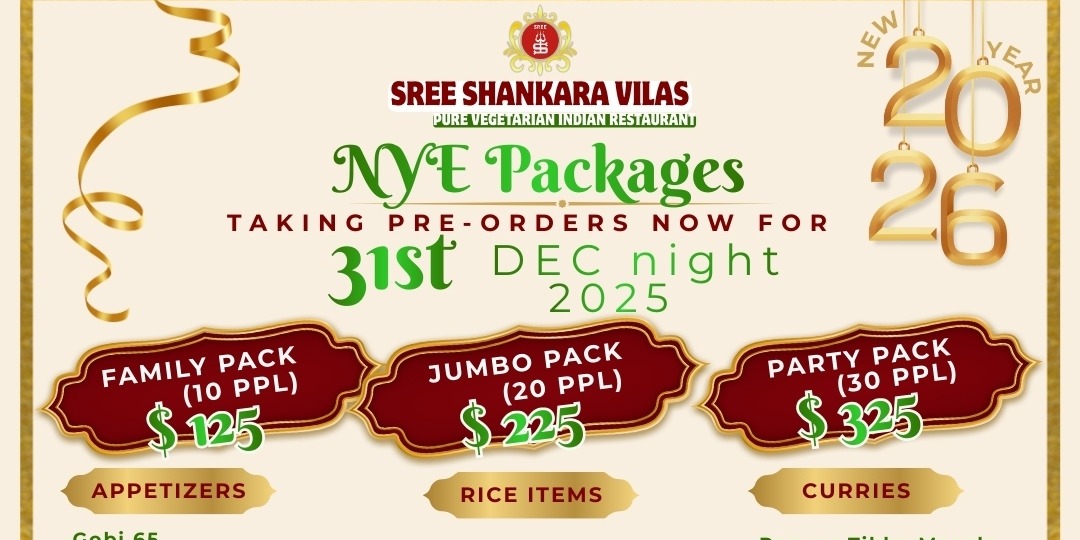 Sree Shankara Vilas New Year Eve 2025 Party Packages – Pure Vegetarian Catering Pre-Orders