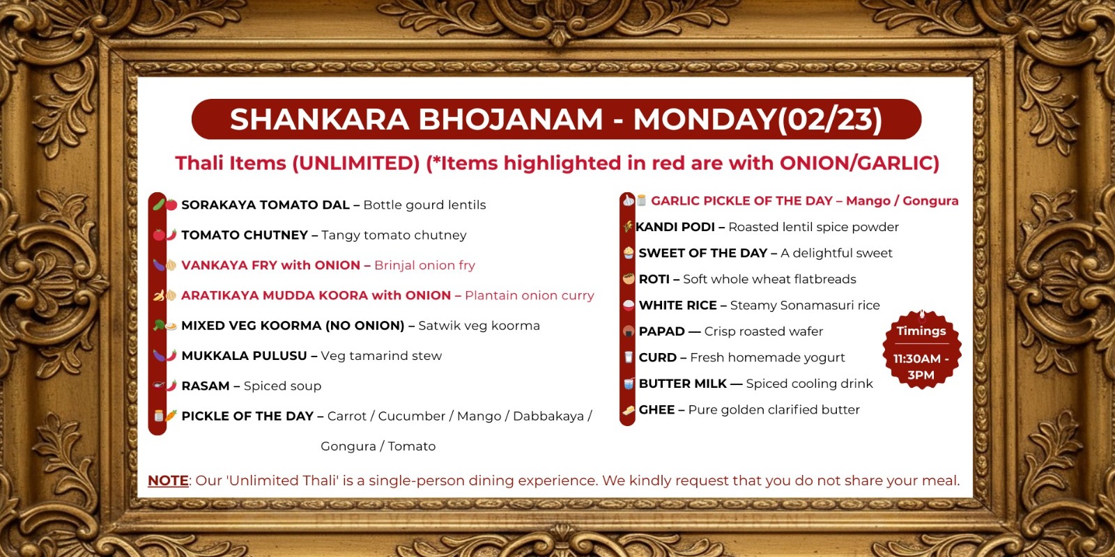 Sree Shankara Vilas Authentic Andhra Thali with Unlimited Delights