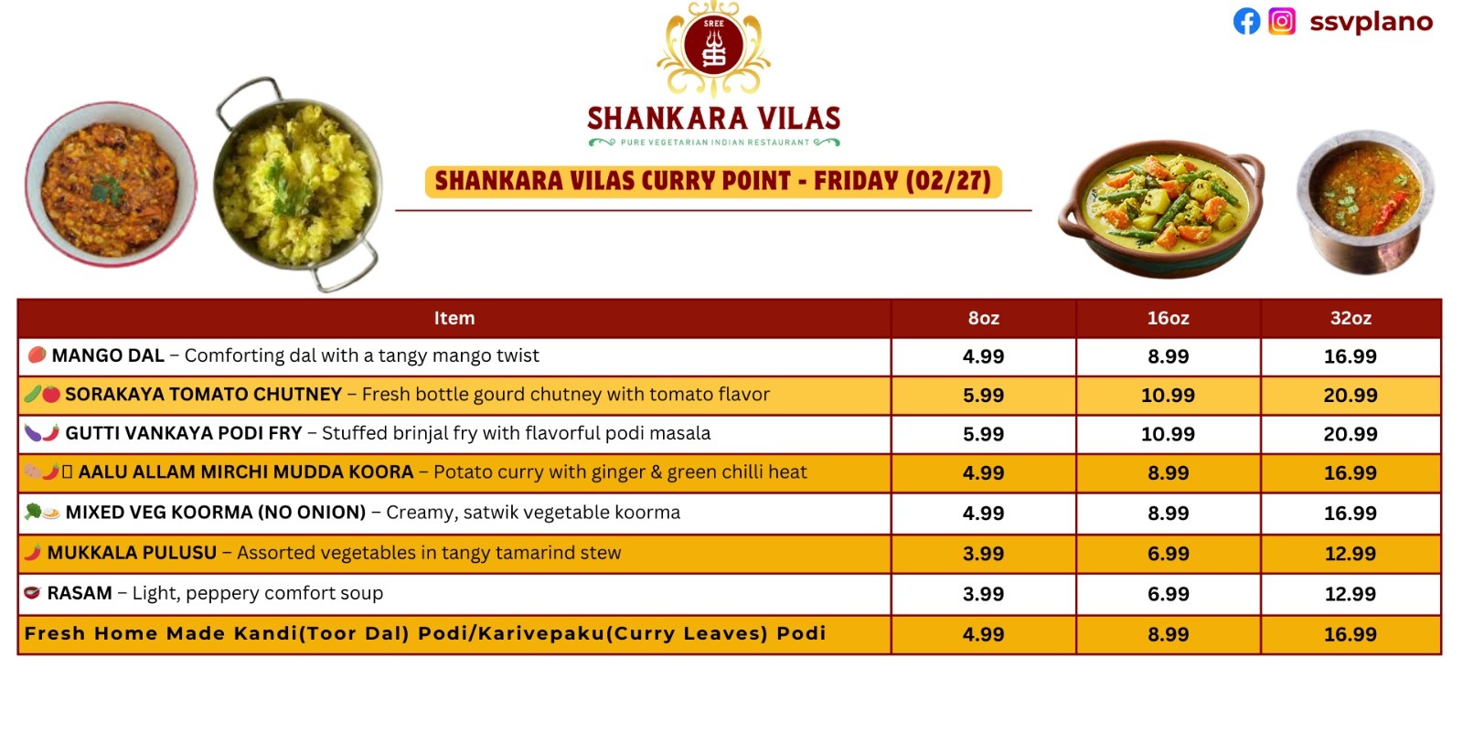 Shankara Vilas – Friday Curry Point Special Menu  Authentic South Indian Takeaway in Plano