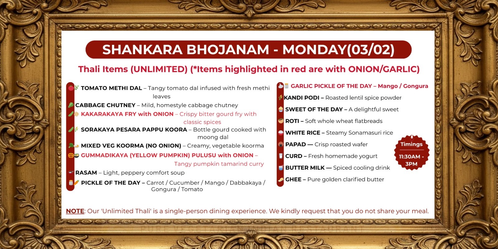 Shankara Vilas Shankara Bhojanam Monday Unlimited Thali – Authentic Andhra Meals in Plano