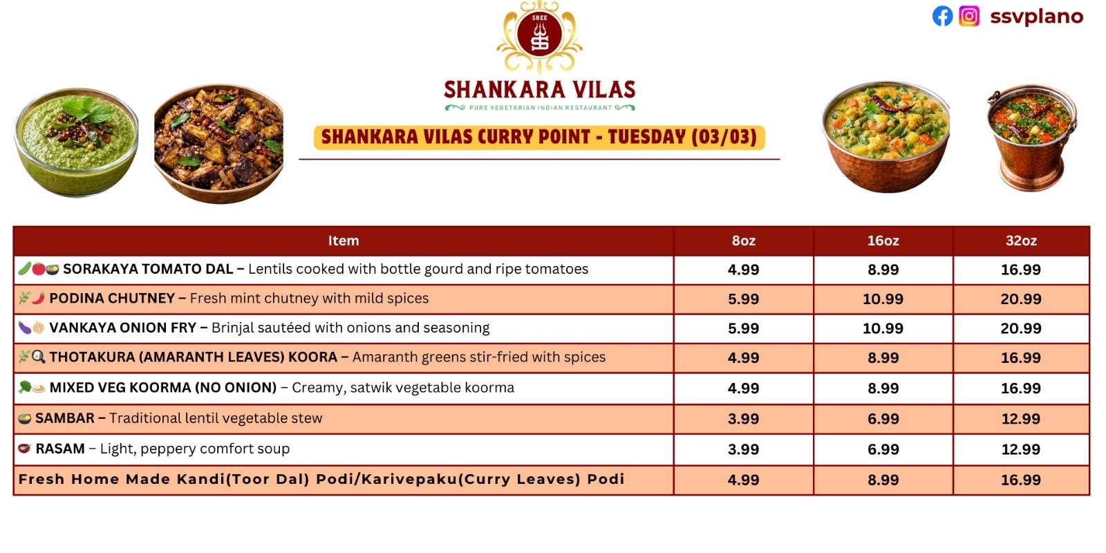 Shankara Vilas Curry Point Tuesday Specials - Fresh & Authentic Vegetarian Dishes