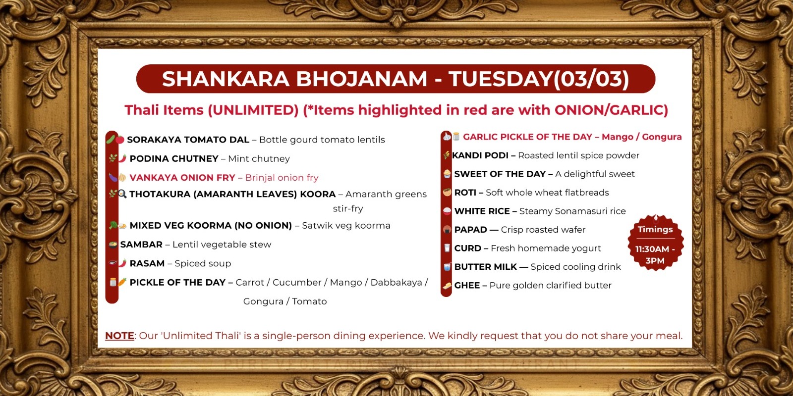 Shankara Bhojanam Tuesday Unlimited Thali Special - Authentic Indian Vegetarian Dishes