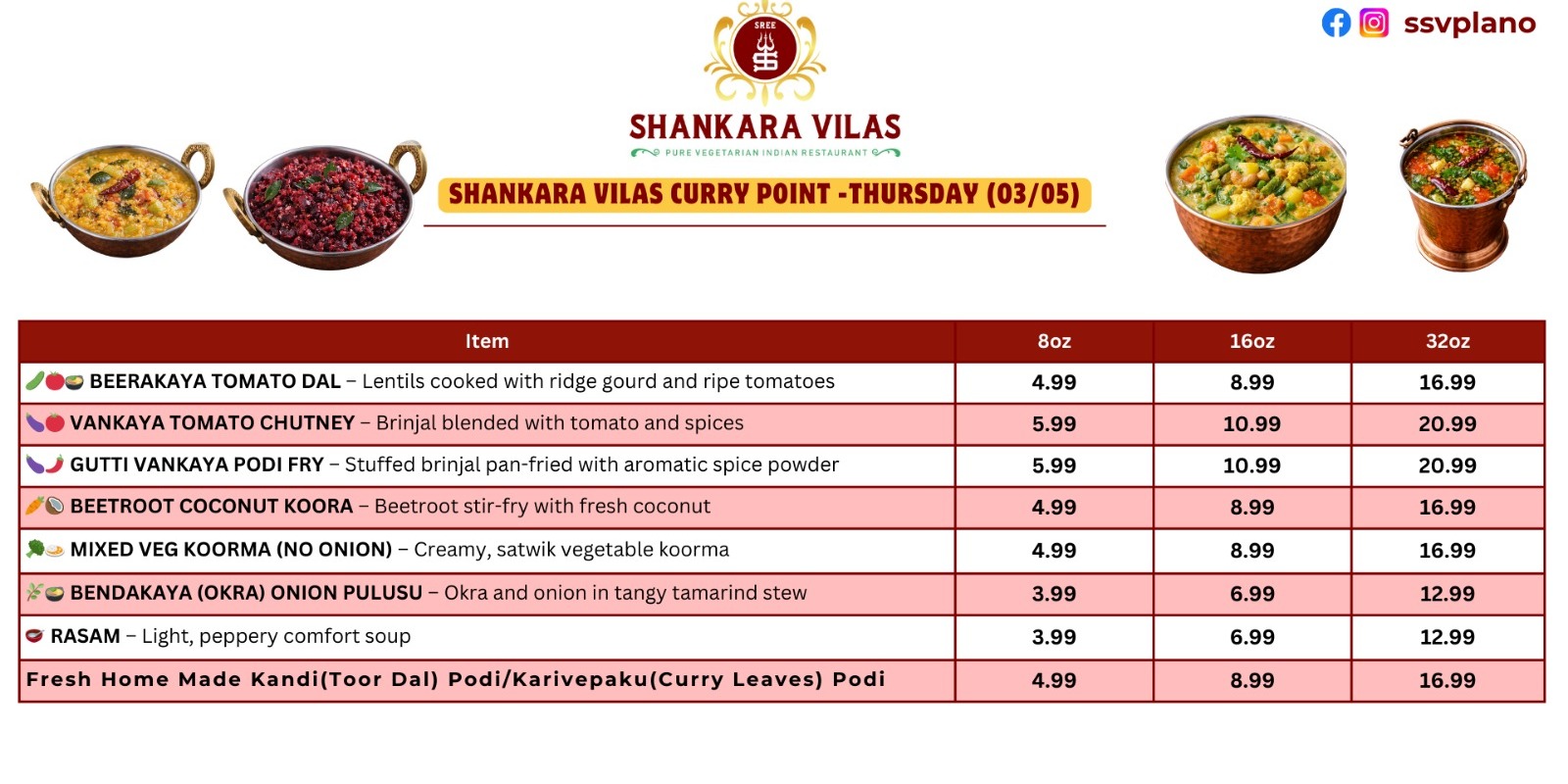 Shankara Vilas Thursday Curry Point Special Menu – Authentic South Indian Vegetarian Curries in Plano