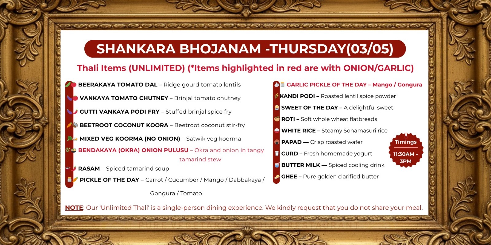 Shankara Vilas  Bhojanam Unlimited South Indian Thali – Thursday Special in Plano