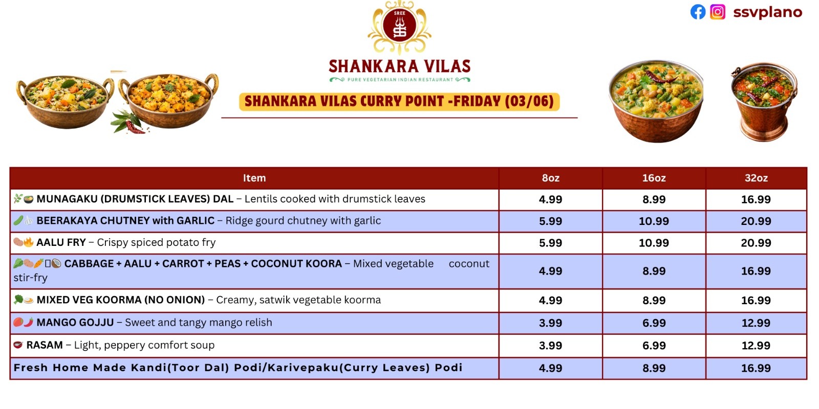 Shankara Vilas Friday Curry Point Specials – Authentic South Indian Vegetarian Curries in Plano