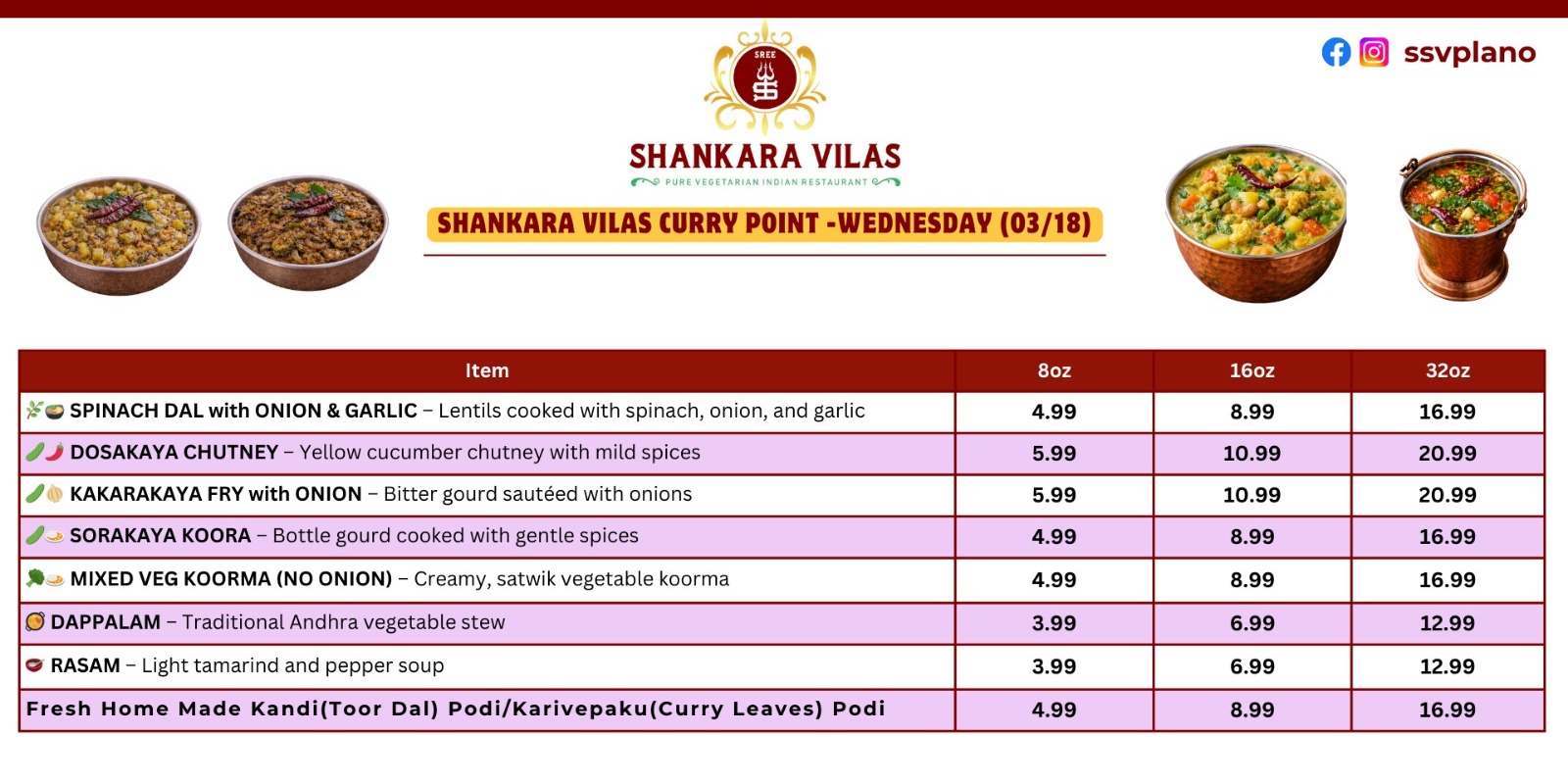 Shankara Vilas Special Curry Point Menu – Enjoy Flavorful Indian Dishes This Wednesday