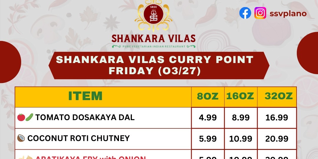 Sree Shankara Vilas Friday Curry Point Specials – Fresh South Indian Curries in Plano TX