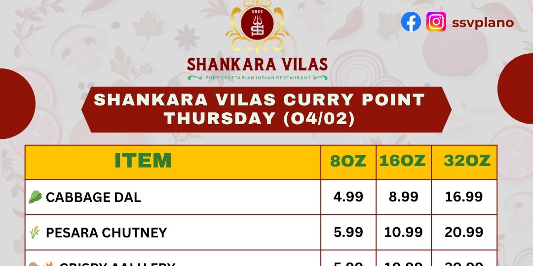 Shankara Vilas Curry Point Delicious Vegetarian Indian Meals Available This Thursday